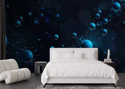 Abstract digital background featuring clusters of bubbles in different sizes, suspended in a dark blue cosmic void Wall mural