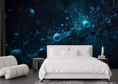 Abstract digital background featuring clusters of bubbles in different sizes, suspended in a dark blue cosmic void Wall mural