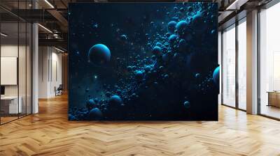 Abstract digital background featuring clusters of bubbles in different sizes, suspended in a dark blue cosmic void Wall mural