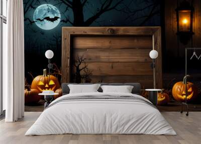 blank, weathered wooden sign as the centerpiece, surrounded by Halloween decorations Wall mural