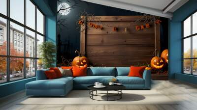 blank, weathered wooden sign as the centerpiece, surrounded by Halloween decorations Wall mural