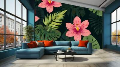 flat vector background featuring a lush botanical garden, filled with various tropical plants, large green leaves, and blooming flowers Wall mural