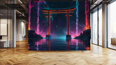 floating Torii gate in the center of a surreal, dreamlike space, with bright neon colors and fluid, water-like textures flowing around it Wall mural