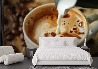 Pouring of milk in cup of hot coffee on table Wall mural