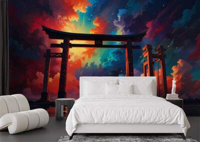 The silhouette of a Torii gate surrounded by abstract shapes and vivid colors, with swirling clouds and fragmented light beams in the background Wall mural