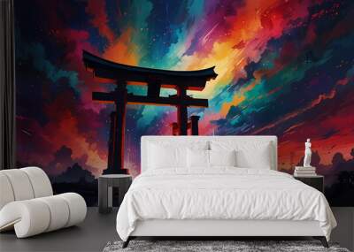 The silhouette of a Torii gate surrounded by abstract shapes and vivid colors, with swirling clouds and fragmented light beams in the background Wall mural