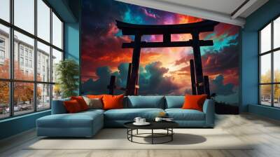 The silhouette of a Torii gate surrounded by abstract shapes and vivid colors, with swirling clouds and fragmented light beams in the background Wall mural