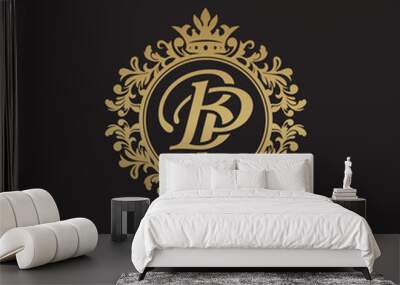 Initial letter BP, overlapping monogram logo, decorative ornament badge, elegant luxury golden color Wall mural