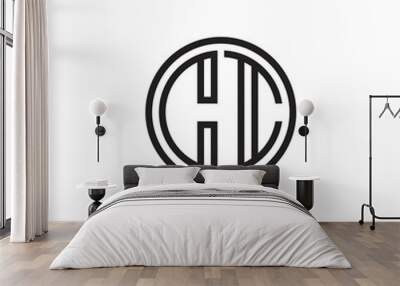 Initial letter CI, minimalist line art monogram circle shape logo, black color Wall mural