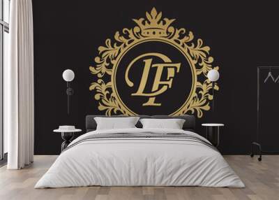 Initial letter DF, overlapping monogram logo, decorative ornament badge, elegant luxury golden color Wall mural