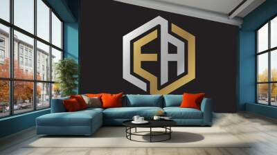 Initial letter EA, looping line, hexagon shape logo, silver gold color on black background Wall mural