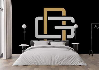 Initial letter G and D, GD, DG, overlapping interlock logo, monogram line art style, silver gold on black background Wall mural