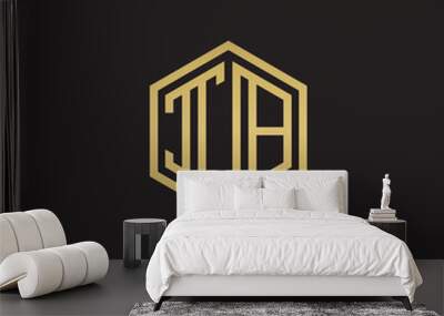 Initial letter IB, minimalist line art hexagon shape logo, gold color on black background Wall mural