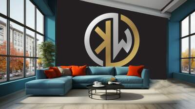 Initial letter KW, looping line, circle shape logo, silver gold color on black background Wall mural