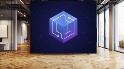 Initial letter LI, block chain, looping mono line circuit letter on hexagon cube logo, blue magenta gradient color on black blue network background Wall mural