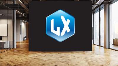 Initial letter LX, modern glossy hexagon logo, gradient blue color on black background	
 
 Wall mural