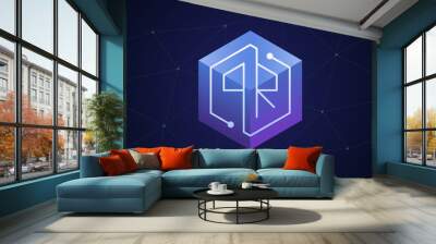 Initial letter PR, block chain, looping mono line circuit letter on hexagon cube logo, blue magenta gradient color on black blue network background Wall mural