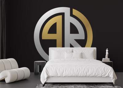 Initial letter PR, looping line, circle shape logo, silver gold color on black background Wall mural