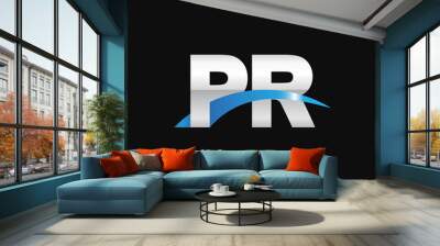 Initial letter PR, overlapping movement swoosh logo, metal silver blue color on black background Wall mural