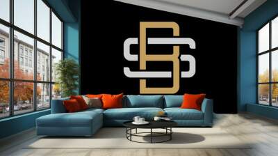 Initial letter S and B, SB, BS, overlapping interlock logo, monogram line art style, silver gold on black background Wall mural