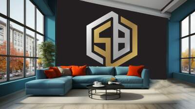 Initial letter SB, looping line, hexagon shape logo, silver gold color on black background Wall mural