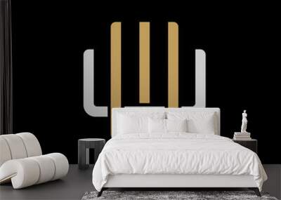 Initial letter U and W, UW, WU, overlapping interlock logo, monogram line art style, silver gold on black background Wall mural