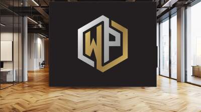 Initial letter WP, looping line, hexagon shape logo, silver gold color on black background Wall mural