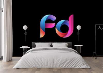 Initial lowercase letter fd, curve rounded logo, gradient vibrant colorful glossy colors on black background Wall mural