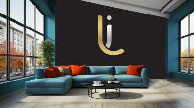 Initial lowercase letter il, li, linked overlapping circle chain shape logo, silver gold colors on black background Wall mural