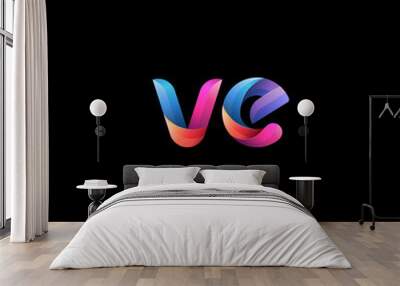 Initial lowercase letter ve, curve rounded logo, gradient vibrant colorful glossy colors on black background Wall mural