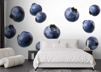 Dynamic Blueberry in Mid-Fall with Focused Detail and Vibrant Color on Clean White Background Wall mural