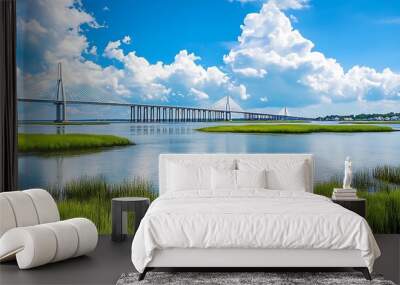 Cable-stayed Bridge over a Tranquil River Wall mural