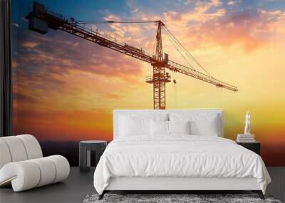 Construction Crane Silhouette Against a Vibrant Sunset Wall mural