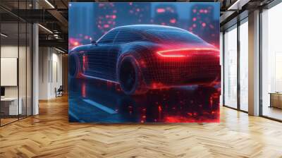 Futuristic Car Driving through a City at Night Wall mural