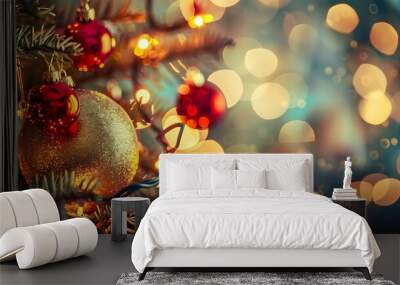 Golden Christmas Ornament with Red Baubles and Lights Wall mural