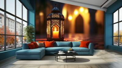 Ornate Lantern Illuminates a Courtyard Wall mural