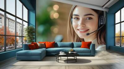 Portrait of a Smiling Young Woman with a Headset Wall mural