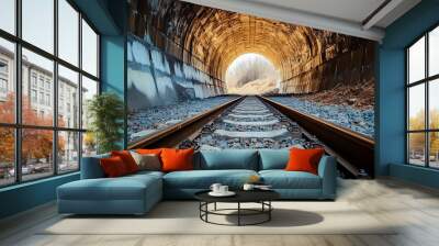 Railroad Tracks Leading Through Tunnel to Bright Light Wall mural