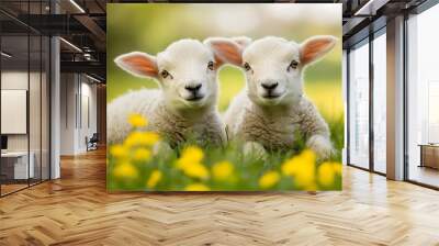 Two Adorable Lambs in a Field of Dandelions Wall mural