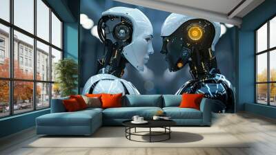 Two Robots Facing Each Other in a Futuristic Setting Wall mural