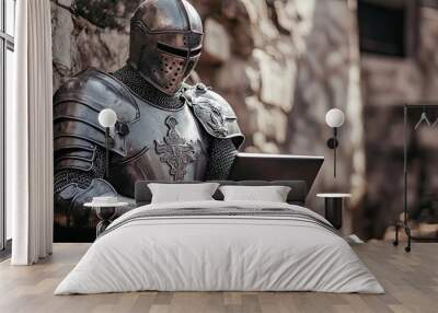 A Medieval Knight in Full Armor Uses a Laptop Wall mural