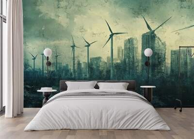 A Post-Apocalyptic Cityscape with Wind Turbines Wall mural