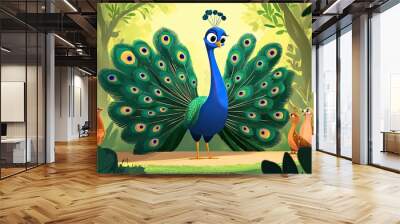 A Proud Peacock with its Tail Feathers Spread Wide in a Lush Forest Setting Wall mural