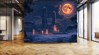 Ancient Stone Pillars Under a Blood Moon and Starry Sky Wall mural