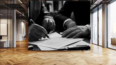 Close-up of a man's hand signing a document with a pen. Wall mural