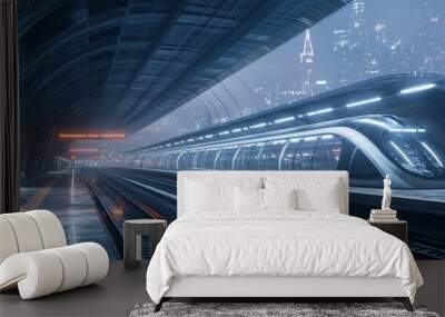 Futuristic Train Station in a Modern City at Night Wall mural