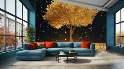 Golden Tree On Black Wall mural