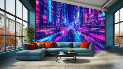 Neon-Lit City Street with Blurred Lights and Traffic Wall mural