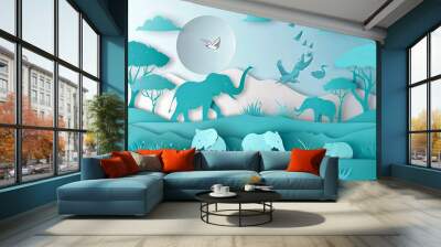 paper cut blue animals with elephants and birds Wall mural