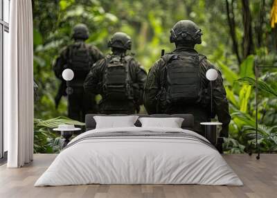 Soldiers in Camouflage Gear Walking Through Dense Jungle Wall mural